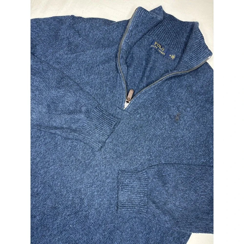 Polo Ralph Lauren 1/4 Zip Pullover Heavy Sweater Mens Medium Blue Wool Silk READ